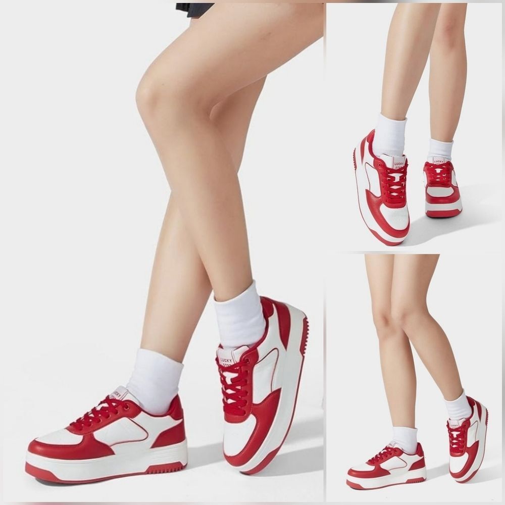 ☔️🩵⏭️NIB Lucky Step White & Red Platform Sneakers Size 8 - Picture 2 of 16